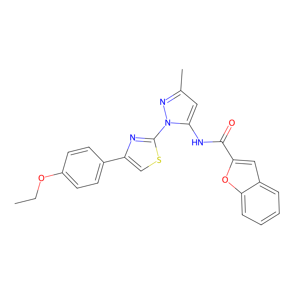 N-(1-(4-(4-ethoxyphenyl)thiazol-2-yl)-3-methyl-1H-pyrazol-5-yl)benzofuran-2-carboxamide molecular structure, CAS 1019095-83-0