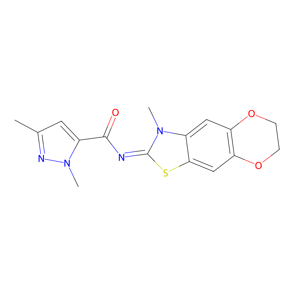 1,3-dimethyl-N-(3-methyl-6,7-dihydro-[1,4]dioxino[2',3':4,5]benzo[1,2-d]thiazol-2(3H)-ylidene)-1H-pyrazole-5-carboxamide molecular structure, CAS 1019095-84-1