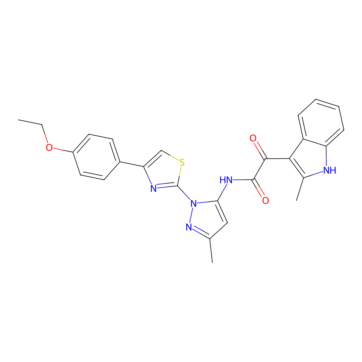 N-(1-(4-(4-ethoxyphenyl)thiazol-2-yl)-3-methyl-1H-pyrazol-5-yl)-2-(2-methyl-1H-indol-3-yl)-2-oxoacetamide molecular structure, CAS 1019095-85-2