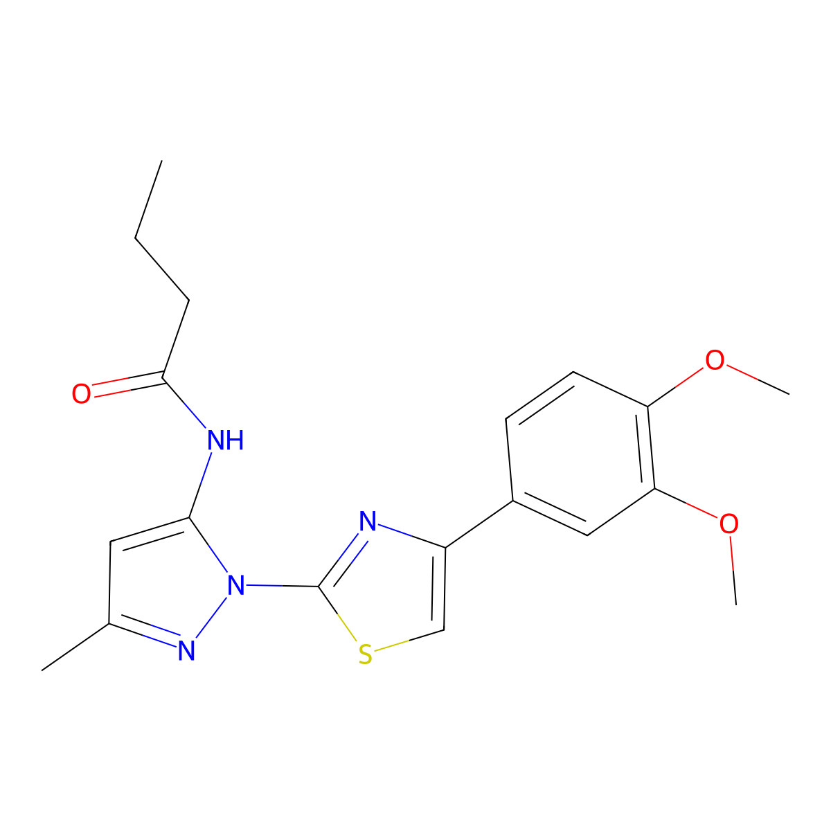 N-(1-(4-(3,4-dimethoxyphenyl)thiazol-2-yl)-3-methyl-1H-pyrazol-5-yl)butyramide molecular structure, CAS 1019095-93-2