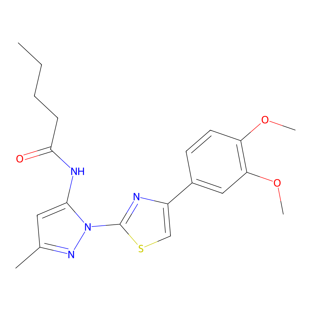 N-(1-(4-(3,4-dimethoxyphenyl)thiazol-2-yl)-3-methyl-1H-pyrazol-5-yl)pentanamide molecular structure, CAS 1019095-95-4