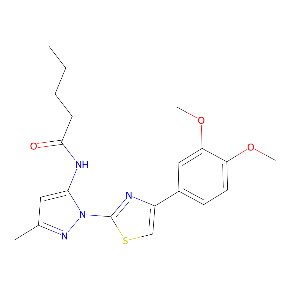 N-(1-(4-(3,4-dimethoxyphenyl)thiazol-2-yl)-3-methyl-1H-pyrazol-5-yl)pentanamide molecular structure, CAS 1019095-95-4
