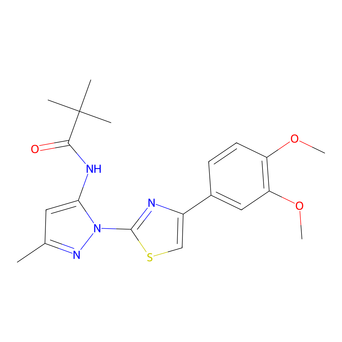 N-{1-[4-(3,4-dimethoxyphenyl)-1,3-thiazol-2-yl]-3-methyl-1H-pyrazol-5-yl}-2,2-dimethylpropanamide molecular structure, CAS 1019095-96-5
