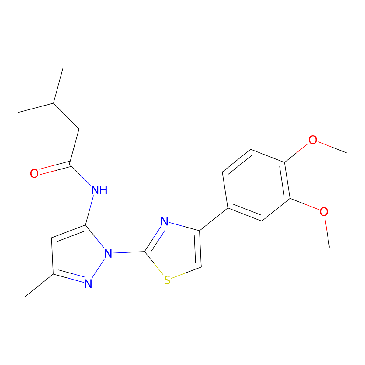 N-(1-(4-(3,4-dimethoxyphenyl)thiazol-2-yl)-3-methyl-1H-pyrazol-5-yl)-3-methylbutanamide molecular structure, CAS 1019095-97-6