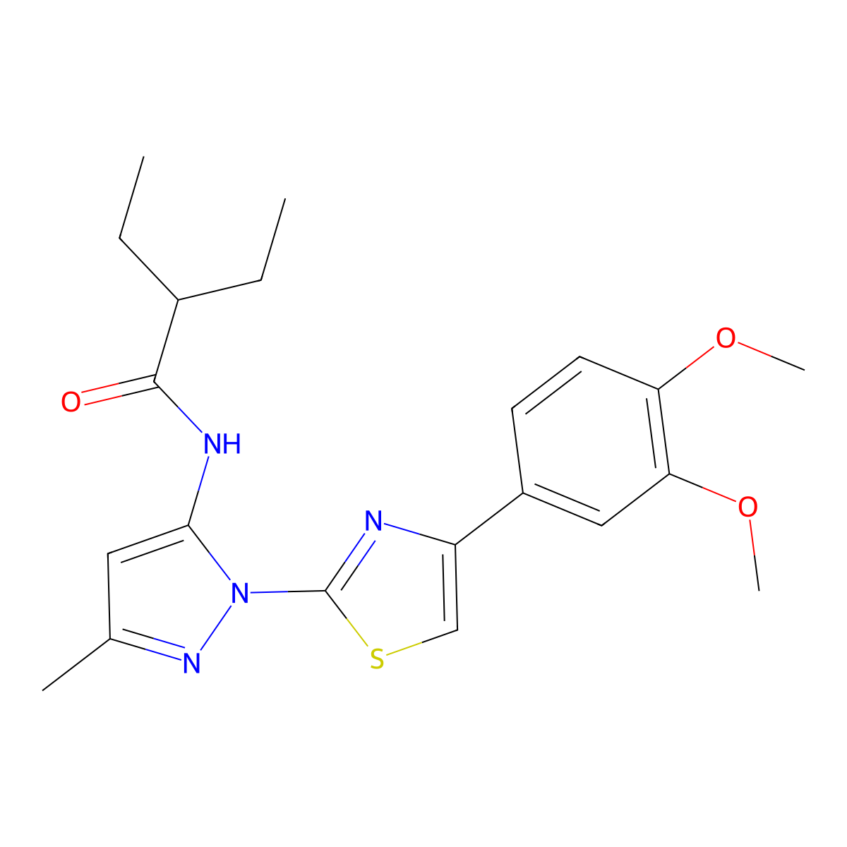 N-(1-(4-(3,4-dimethoxyphenyl)thiazol-2-yl)-3-methyl-1H-pyrazol-5-yl)-2-ethylbutanamide molecular structure, CAS 1019095-98-7