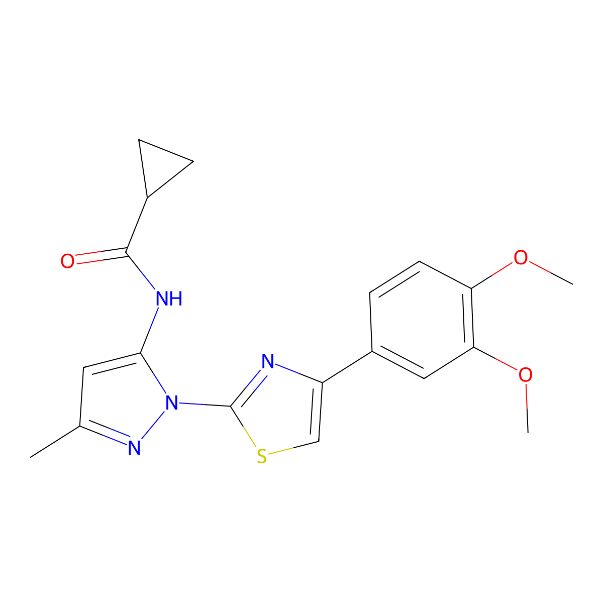 N-(1-(4-(3,4-dimethoxyphenyl)thiazol-2-yl)-3-methyl-1H-pyrazol-5-yl)cyclopropanecarboxamide molecular structure, CAS 1019095-99-8