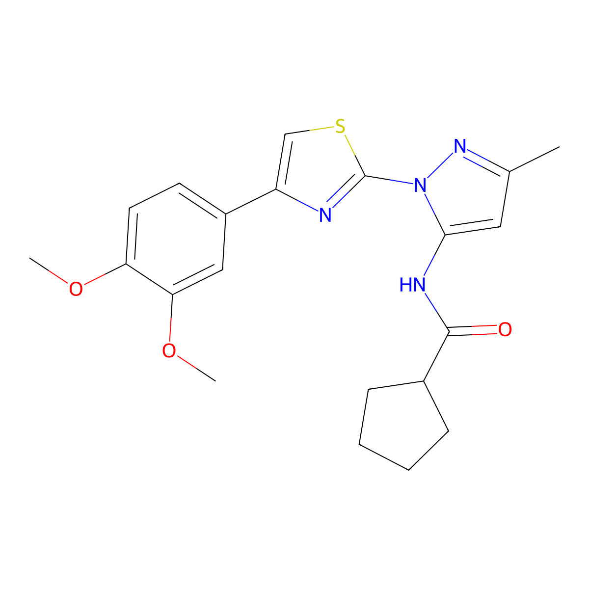 N-(1-(4-(3,4-dimethoxyphenyl)thiazol-2-yl)-3-methyl-1H-pyrazol-5-yl)cyclopentanecarboxamide molecular structure, CAS 1019096-00-4