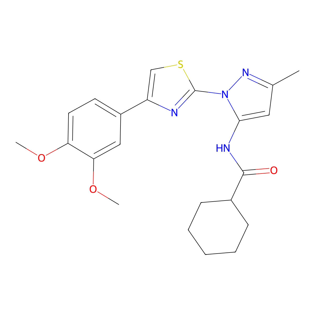 N-{1-[4-(3,4-dimethoxyphenyl)-1,3-thiazol-2-yl]-3-methyl-1H-pyrazol-5-yl}cyclohexanecarboxamide molecular structure, CAS 1019096-01-5