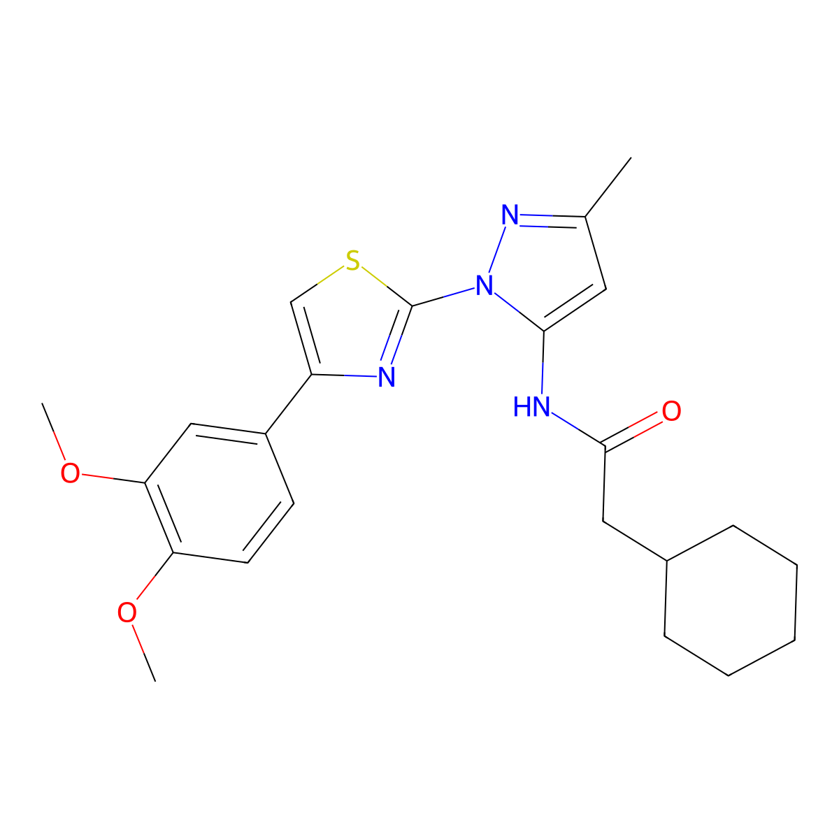 2-cyclohexyl-N-(1-(4-(3,4-dimethoxyphenyl)thiazol-2-yl)-3-methyl-1H-pyrazol-5-yl)acetamide molecular structure, CAS 1019096-02-6