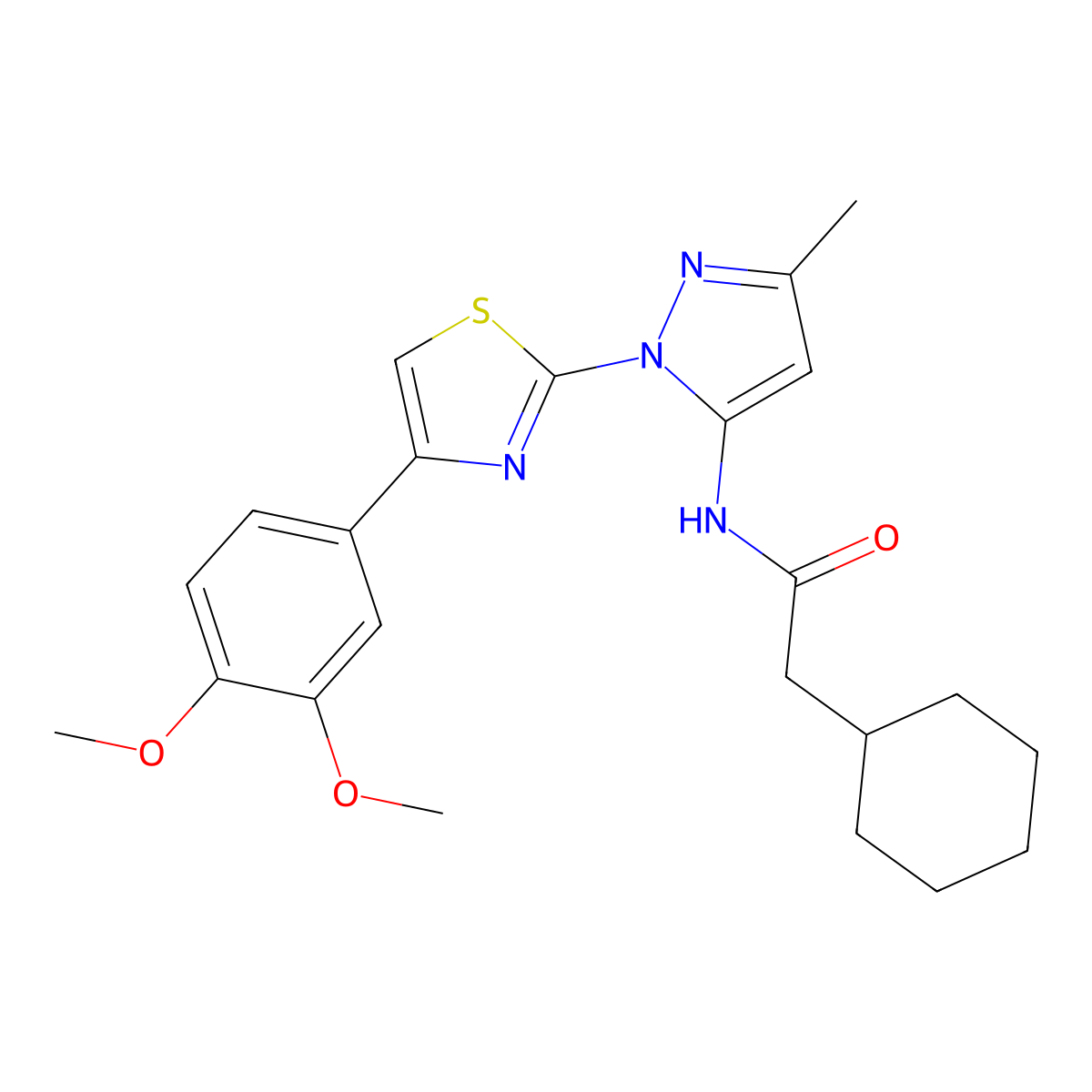 2-cyclohexyl-N-(1-(4-(3,4-dimethoxyphenyl)thiazol-2-yl)-3-methyl-1H-pyrazol-5-yl)acetamide molecular structure, CAS 1019096-02-6