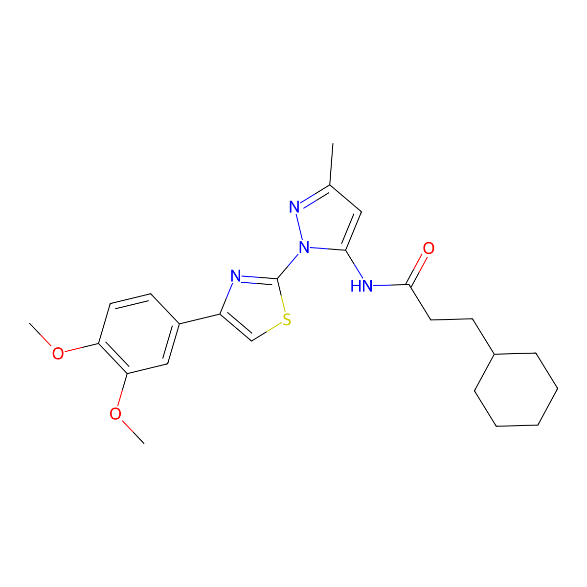 3-cyclohexyl-N-(1-(4-(3,4-dimethoxyphenyl)thiazol-2-yl)-3-methyl-1H-pyrazol-5-yl)propanamide molecular structure, CAS 1019096-03-7