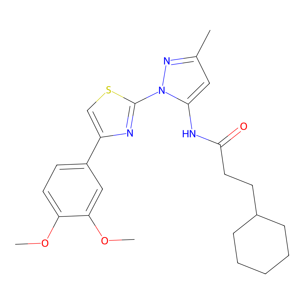 3-cyclohexyl-N-(1-(4-(3,4-dimethoxyphenyl)thiazol-2-yl)-3-methyl-1H-pyrazol-5-yl)propanamide molecular structure, CAS 1019096-03-7
