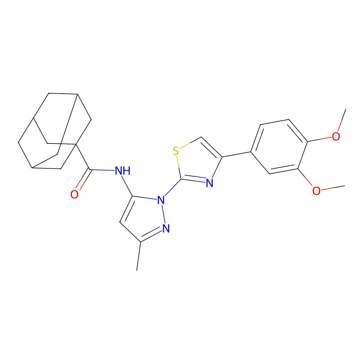 N-{1-[4-(3,4-dimethoxyphenyl)-1,3-thiazol-2-yl]-3-methyl-1H-pyrazol-5-yl}adamantane-1-carboxamide molecular structure, CAS 1019096-04-8