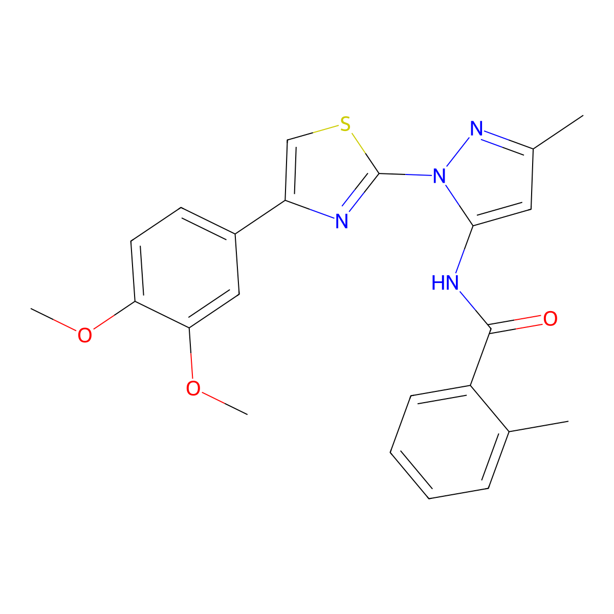 N-(1-(4-(3,4-dimethoxyphenyl)thiazol-2-yl)-3-methyl-1H-pyrazol-5-yl)-2-methylbenzamide molecular structure, CAS 1019096-07-1