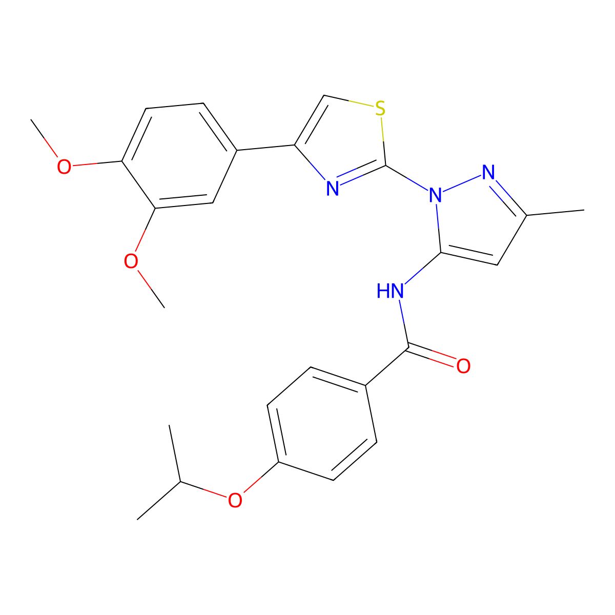 N-(1-(4-(3,4-dimethoxyphenyl)thiazol-2-yl)-3-methyl-1H-pyrazol-5-yl)-4-isopropoxybenzamide molecular structure, CAS 1019096-11-7