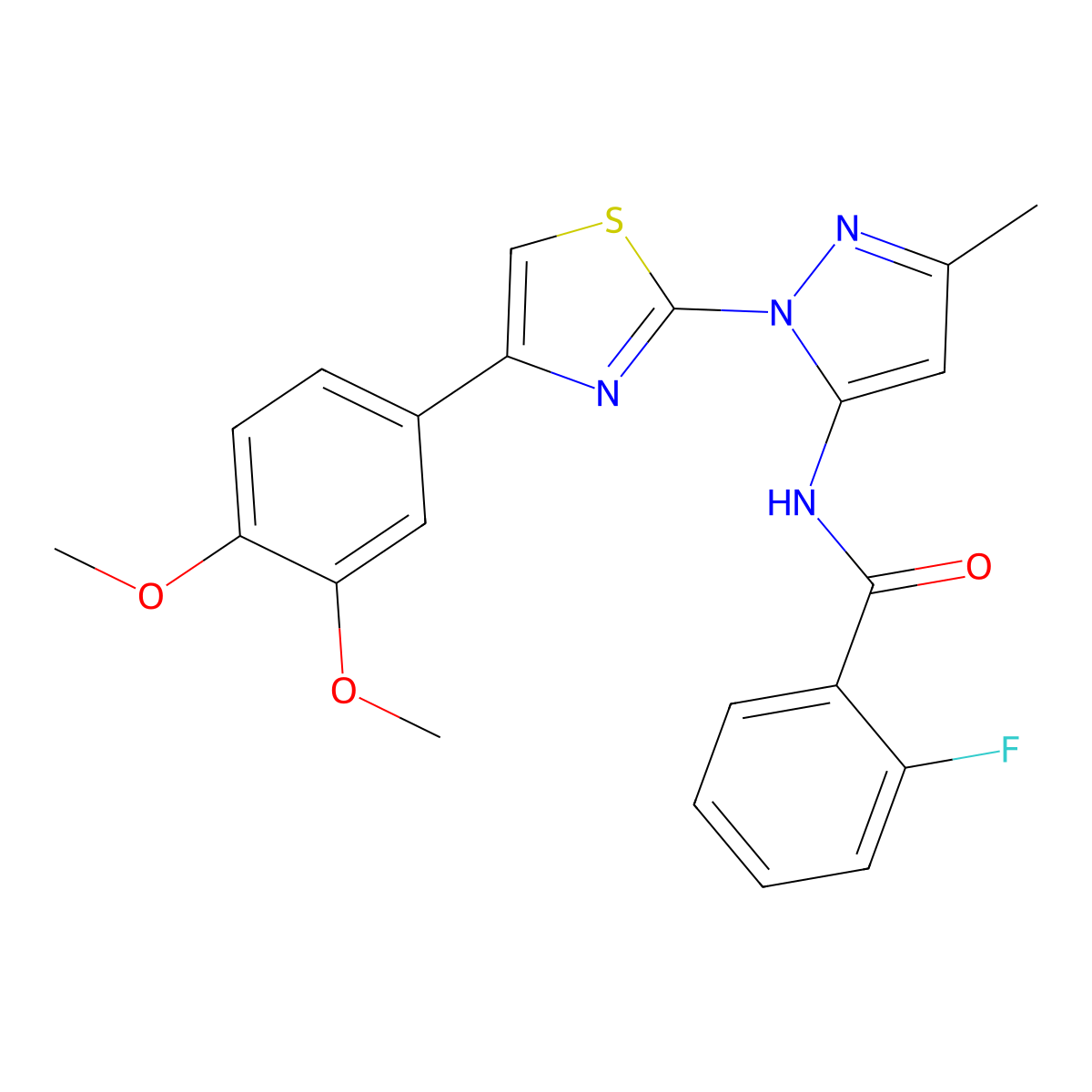 N-(1-(4-(3,4-dimethoxyphenyl)thiazol-2-yl)-3-methyl-1H-pyrazol-5-yl)-2-fluorobenzamide molecular structure, CAS 1019096-17-3