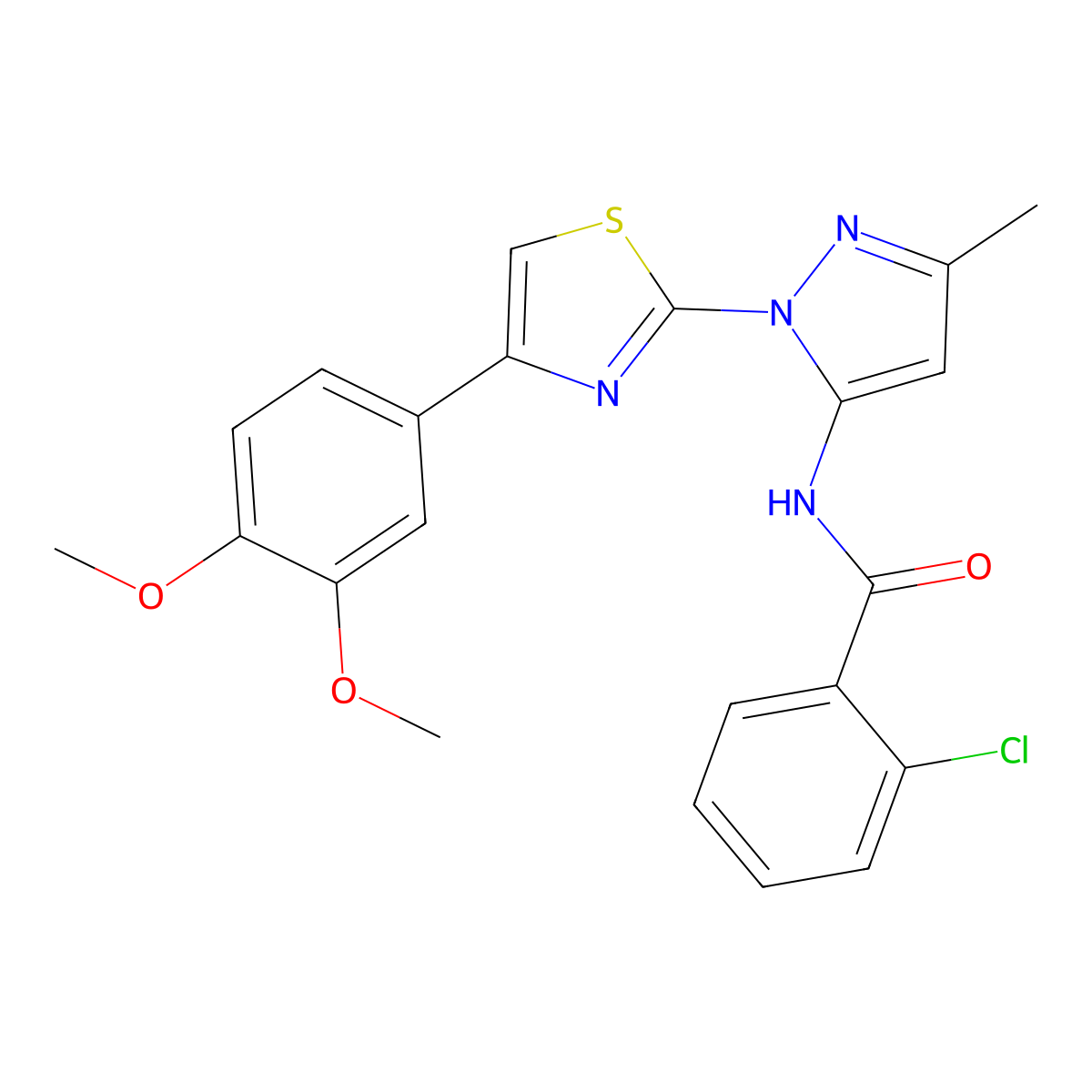 2-chloro-N-(1-(4-(3,4-dimethoxyphenyl)thiazol-2-yl)-3-methyl-1H-pyrazol-5-yl)benzamide molecular structure, CAS 1019096-19-5