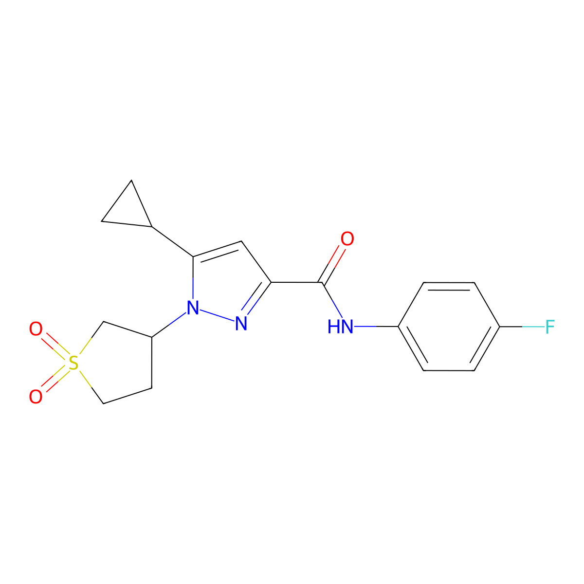 5-cyclopropyl-1-(1,1-dioxidotetrahydrothiophen-3-yl)-N-(4-fluorophenyl)-1H-pyrazole-3-carboxamide molecular structure, CAS 1019096-20-8
