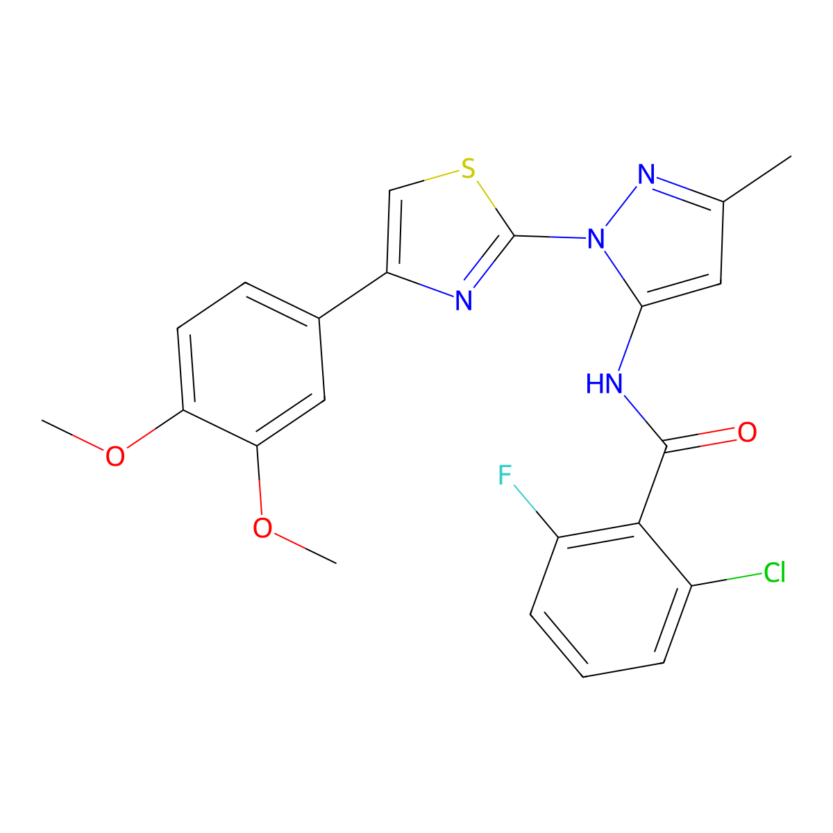 2-chloro-N-(1-(4-(3,4-dimethoxyphenyl)thiazol-2-yl)-3-methyl-1H-pyrazol-5-yl)-6-fluorobenzamide molecular structure, CAS 1019096-26-4