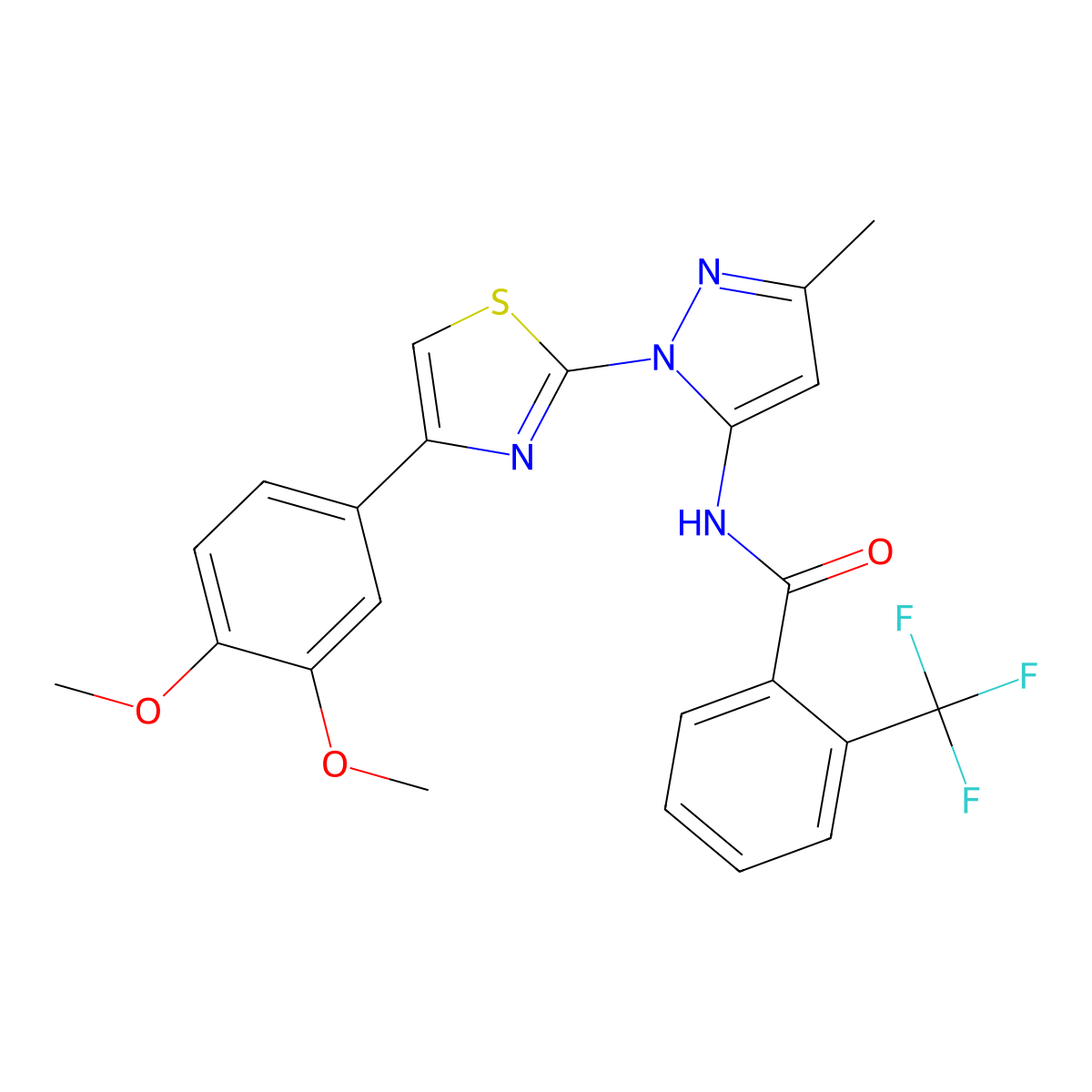 N-{1-[4-(3,4-dimethoxyphenyl)-1,3-thiazol-2-yl]-3-methyl-1H-pyrazol-5-yl}-2-(trifluoromethyl)benzamide molecular structure, CAS 1019096-31-1