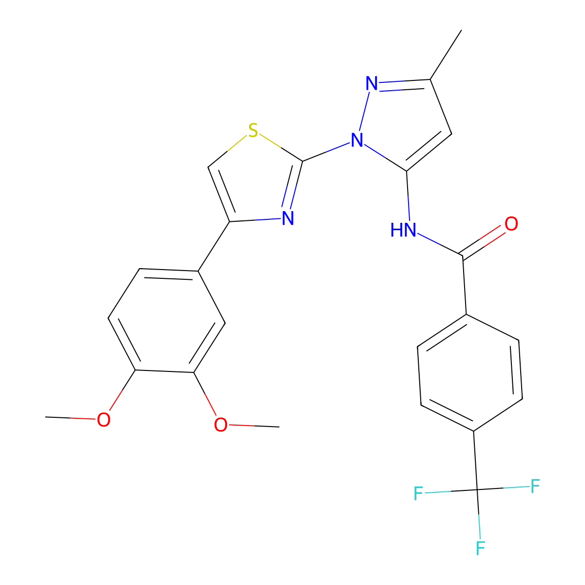 N-{1-[4-(3,4-dimethoxyphenyl)-1,3-thiazol-2-yl]-3-methyl-1H-pyrazol-5-yl}-4-(trifluoromethyl)benzamide molecular structure, CAS 1019096-32-2