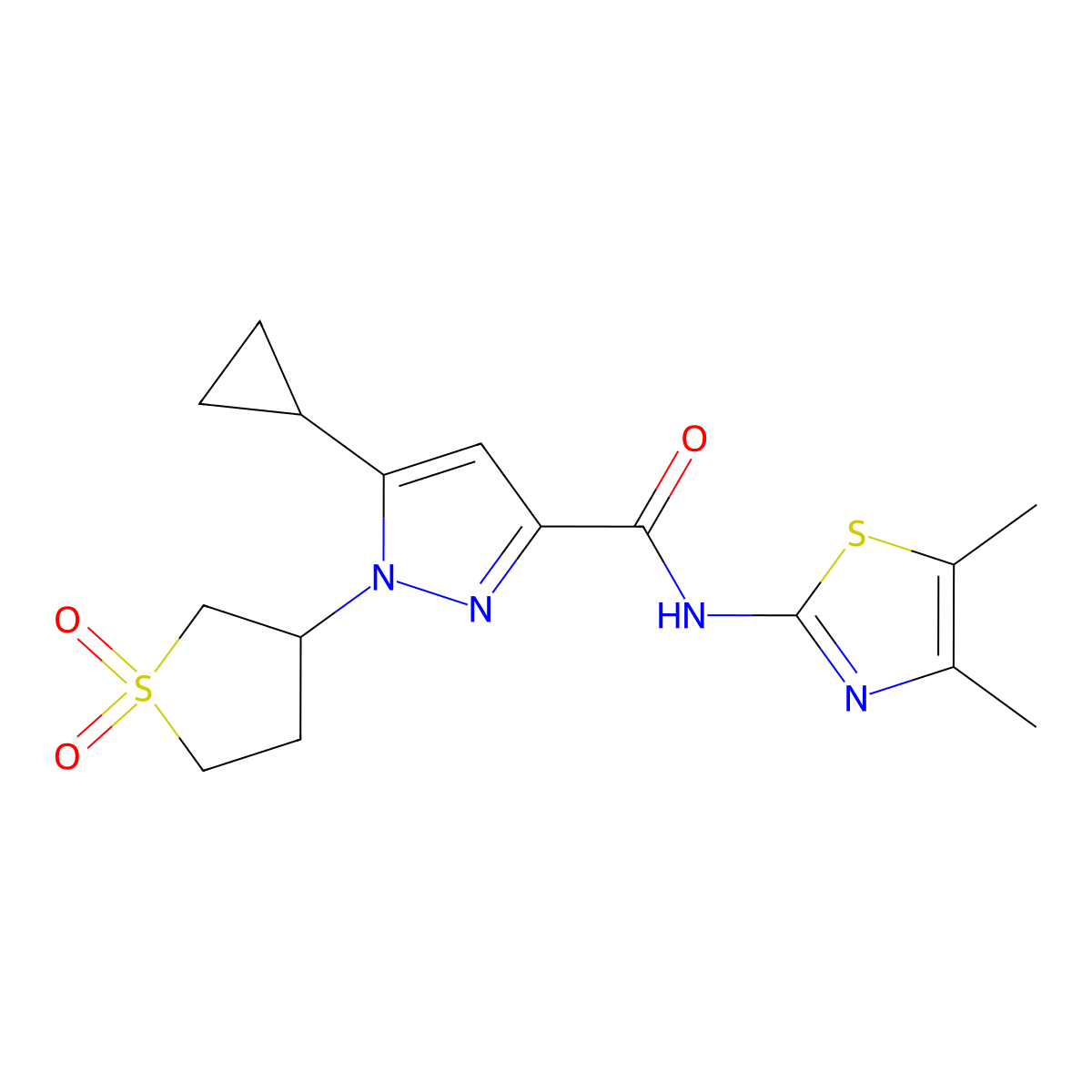 5-cyclopropyl-N-(4,5-dimethylthiazol-2-yl)-1-(1,1-dioxidotetrahydrothiophen-3-yl)-1H-pyrazole-3-carboxamide molecular structure, CAS 1019096-33-3