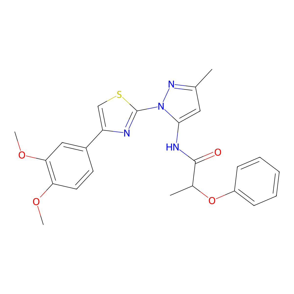 N-(1-(4-(3,4-dimethoxyphenyl)thiazol-2-yl)-3-methyl-1H-pyrazol-5-yl)-2-phenoxypropanamide molecular structure, CAS 1019096-36-6
