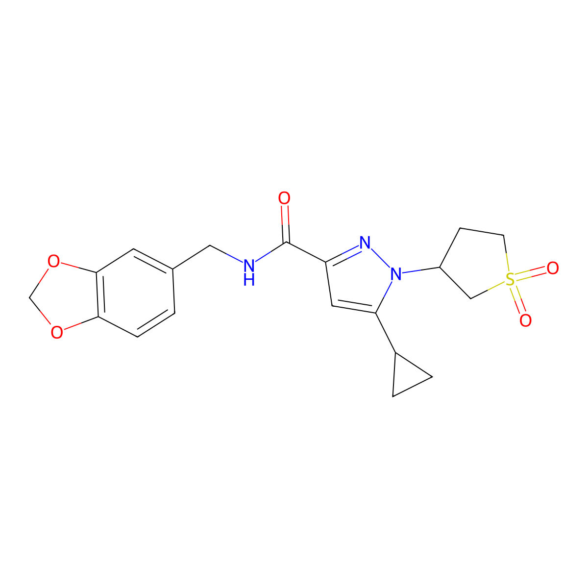 N-(benzo[d][1,3]dioxol-5-ylmethyl)-5-cyclopropyl-1-(1,1-dioxidotetrahydrothiophen-3-yl)-1H-pyrazole-3-carboxamide molecular structure, CAS 1019096-37-7