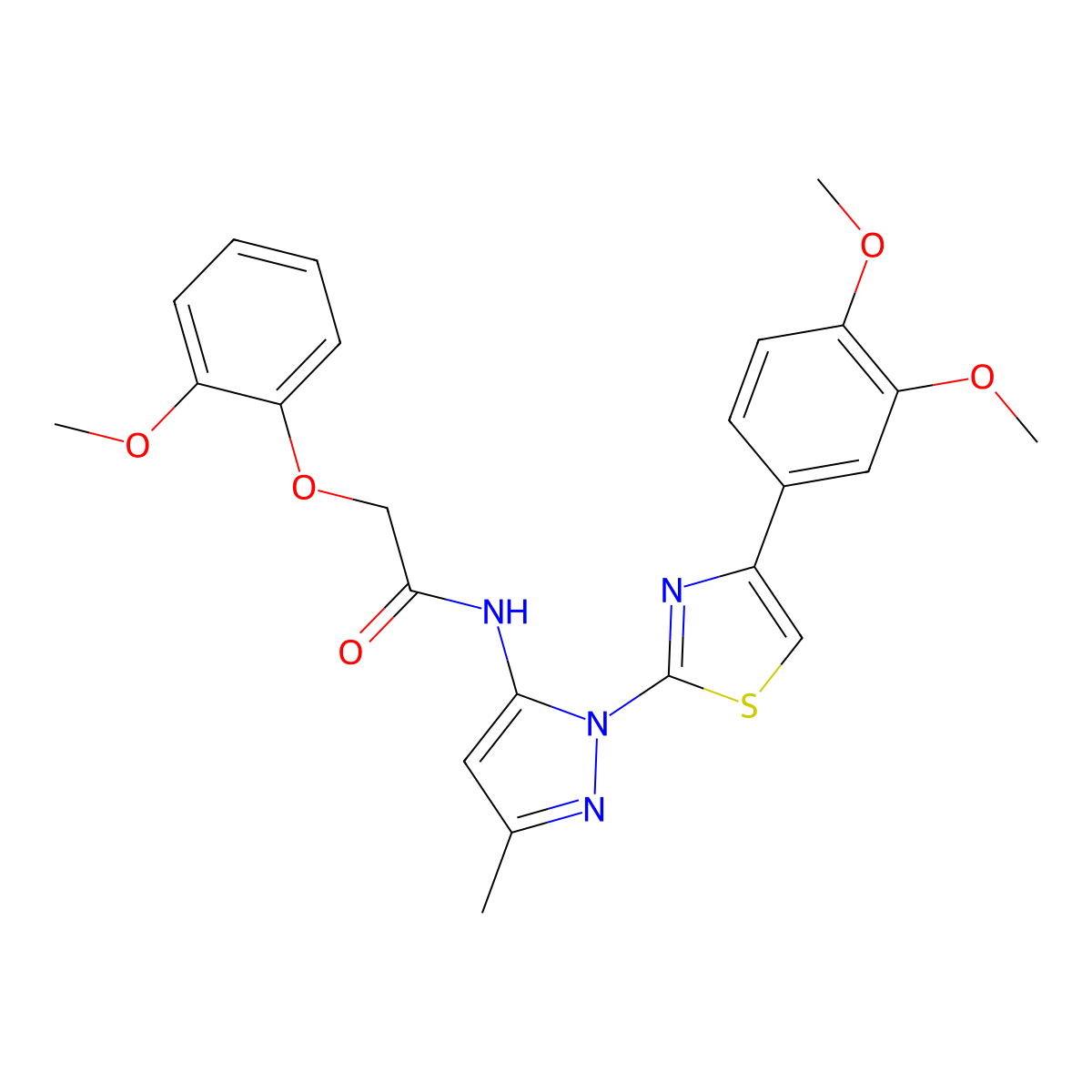 N-(1-(4-(3,4-dimethoxyphenyl)thiazol-2-yl)-3-methyl-1H-pyrazol-5-yl)-2-(2-methoxyphenoxy)acetamide molecular structure, CAS 1019096-38-8