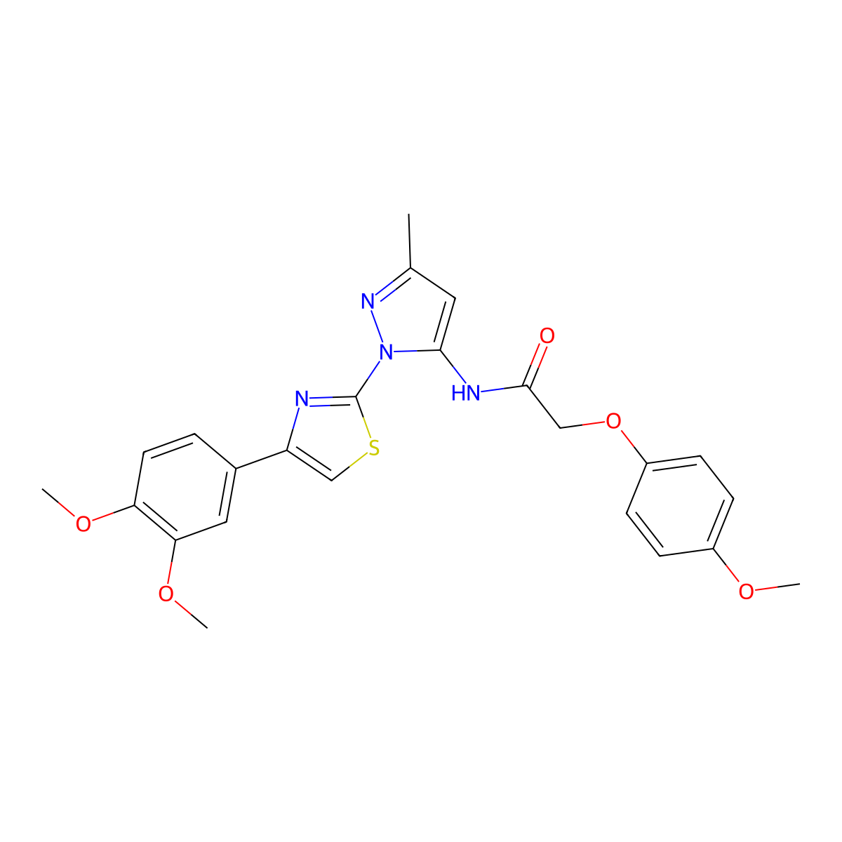 N-(1-(4-(3,4-dimethoxyphenyl)thiazol-2-yl)-3-methyl-1H-pyrazol-5-yl)-2-(4-methoxyphenoxy)acetamide molecular structure, CAS 1019096-40-2