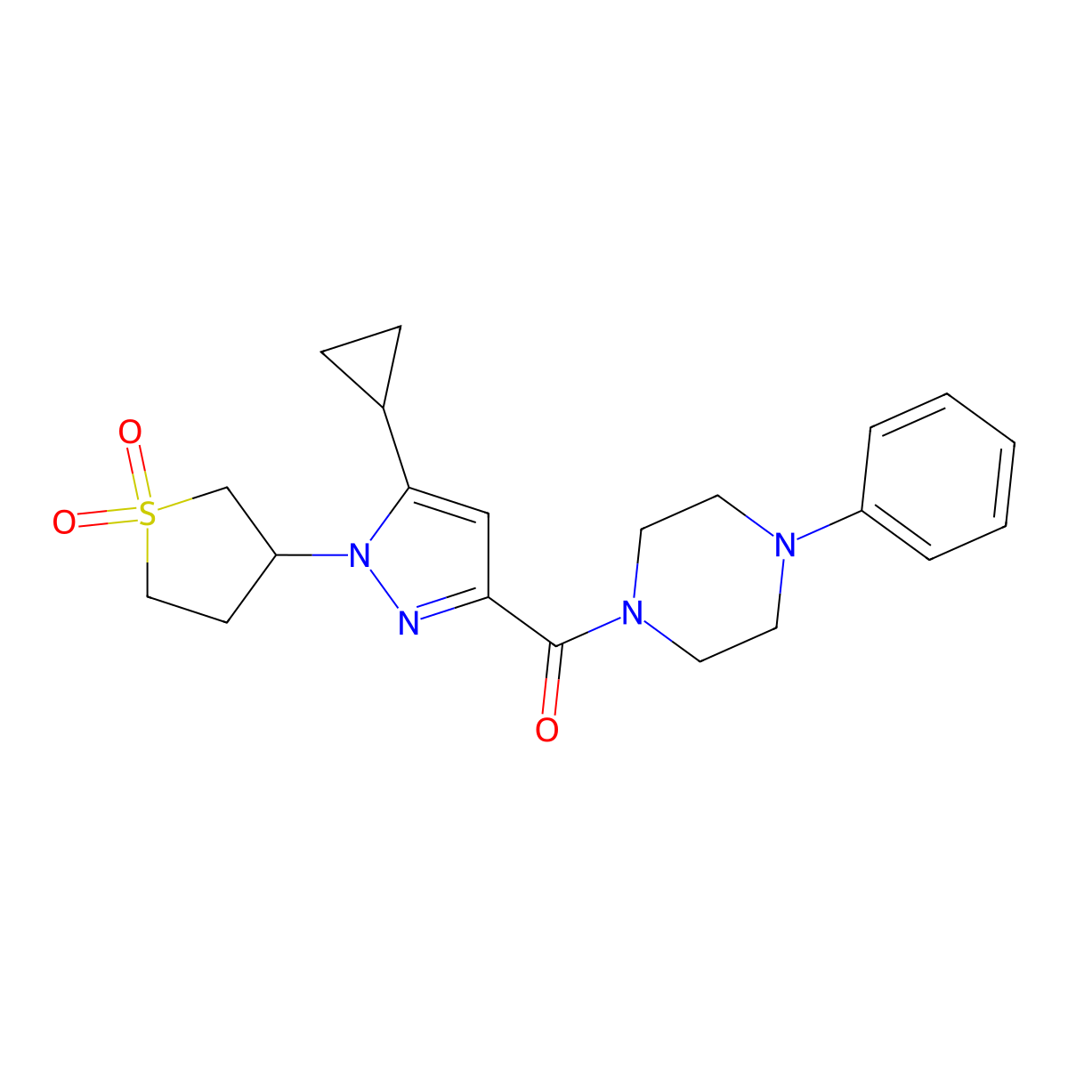 (5-cyclopropyl-1-(1,1-dioxidotetrahydrothiophen-3-yl)-1H-pyrazol-3-yl)(4-phenylpiperazin-1-yl)methanone molecular structure, CAS 1019096-41-3