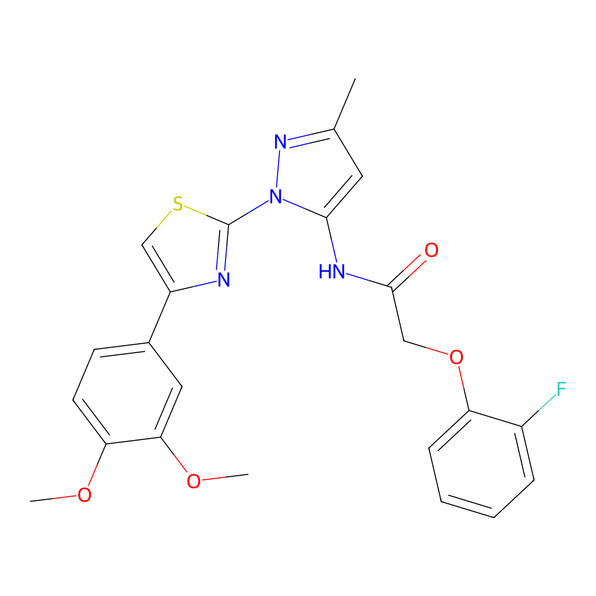 N-(1-(4-(3,4-dimethoxyphenyl)thiazol-2-yl)-3-methyl-1H-pyrazol-5-yl)-2-(2-fluorophenoxy)acetamide molecular structure, CAS 1019096-42-4
