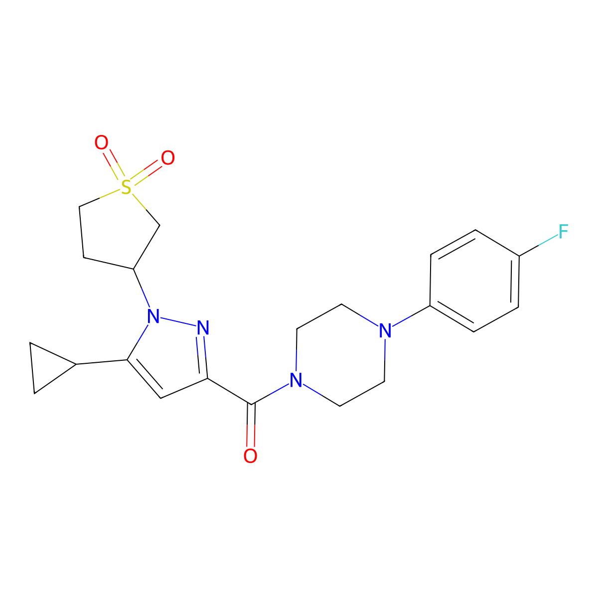 (5-cyclopropyl-1-(1,1-dioxidotetrahydrothiophen-3-yl)-1H-pyrazol-3-yl)(4-(4-fluorophenyl)piperazin-1-yl)methanone molecular structure, CAS 1019096-43-5