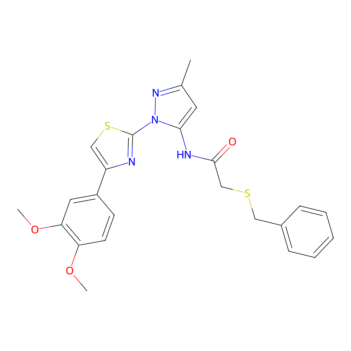 2-(benzylthio)-N-(1-(4-(3,4-dimethoxyphenyl)thiazol-2-yl)-3-methyl-1H-pyrazol-5-yl)acetamide molecular structure, CAS 1019096-44-6