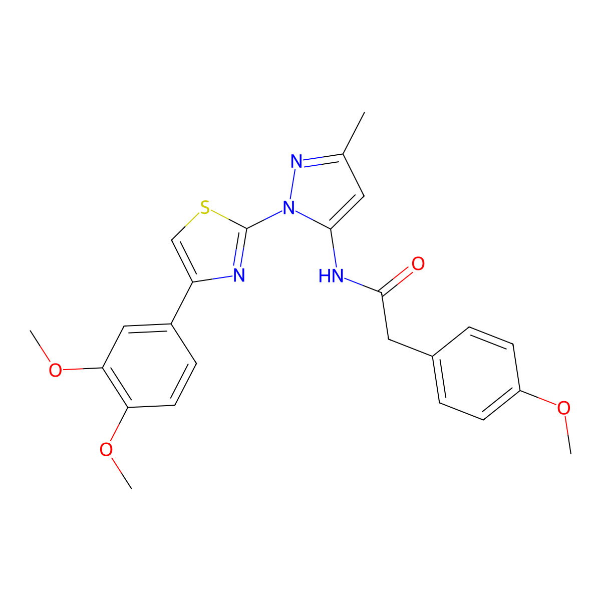 N-(1-(4-(3,4-dimethoxyphenyl)thiazol-2-yl)-3-methyl-1H-pyrazol-5-yl)-2-(4-methoxyphenyl)acetamide molecular structure, CAS 1019096-47-9