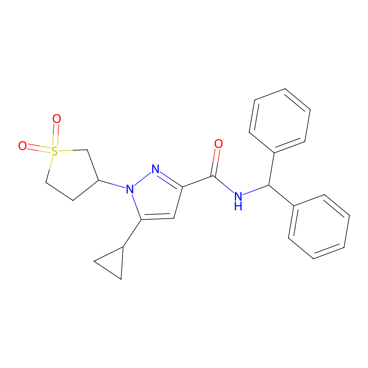 N-benzhydryl-5-cyclopropyl-1-(1,1-dioxidotetrahydrothiophen-3-yl)-1H-pyrazole-3-carboxamide molecular structure, CAS 1019096-48-0