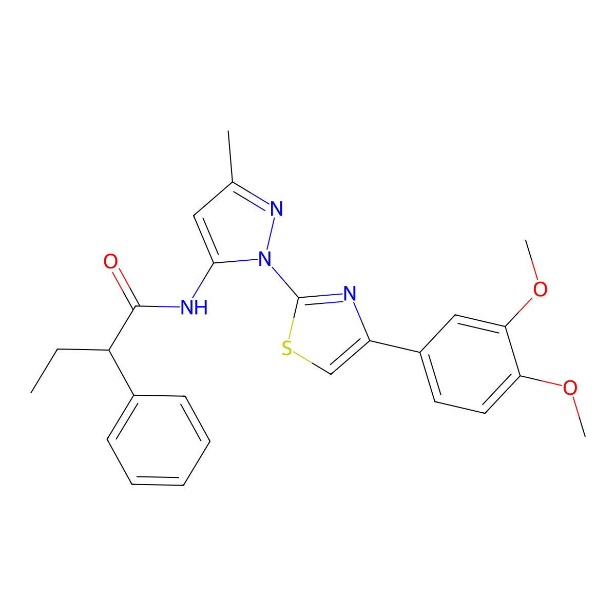N-(1-(4-(3,4-dimethoxyphenyl)thiazol-2-yl)-3-methyl-1H-pyrazol-5-yl)-2-phenylbutanamide molecular structure, CAS 1019096-52-6