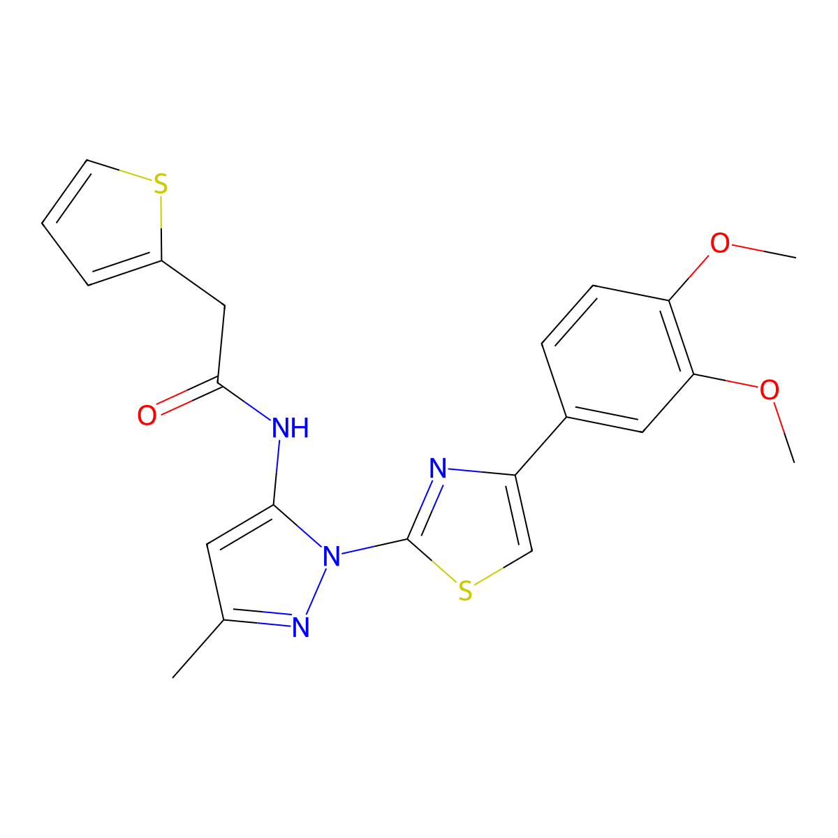 N-(1-(4-(3,4-dimethoxyphenyl)thiazol-2-yl)-3-methyl-1H-pyrazol-5-yl)-2-(thiophen-2-yl)acetamide molecular structure, CAS 1019096-54-8