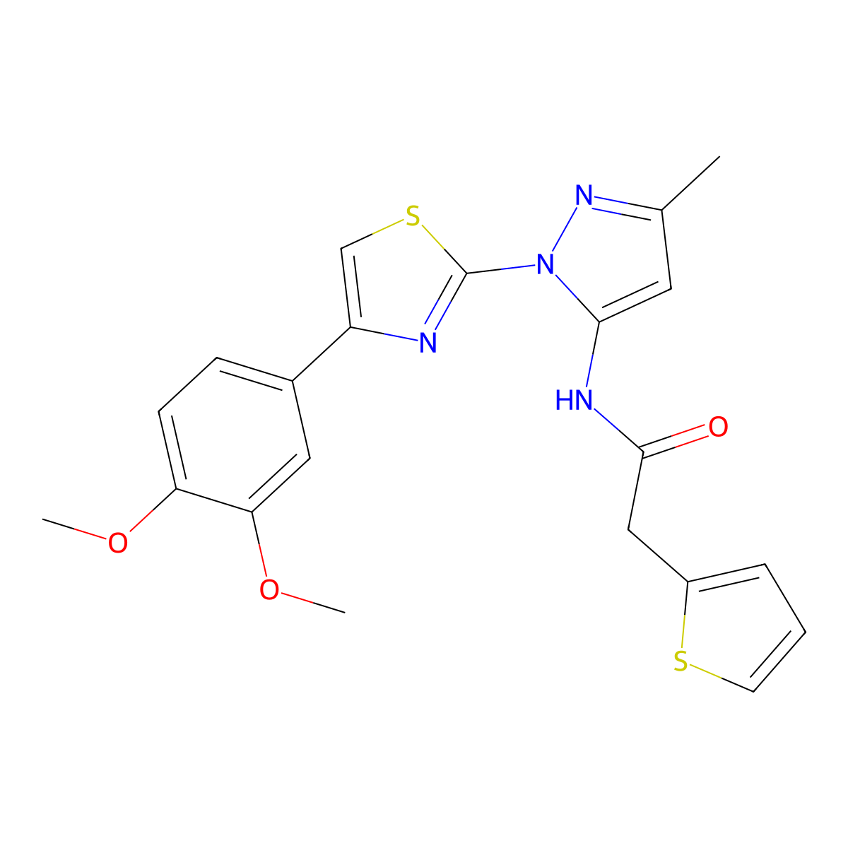 N-(1-(4-(3,4-dimethoxyphenyl)thiazol-2-yl)-3-methyl-1H-pyrazol-5-yl)-2-(thiophen-2-yl)acetamide molecular structure, CAS 1019096-54-8