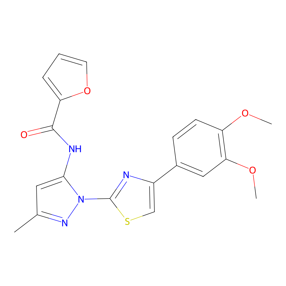 N-{1-[4-(3,4-dimethoxyphenyl)-1,3-thiazol-2-yl]-3-methyl-1H-pyrazol-5-yl}furan-2-carboxamide molecular structure, CAS 1019096-56-0