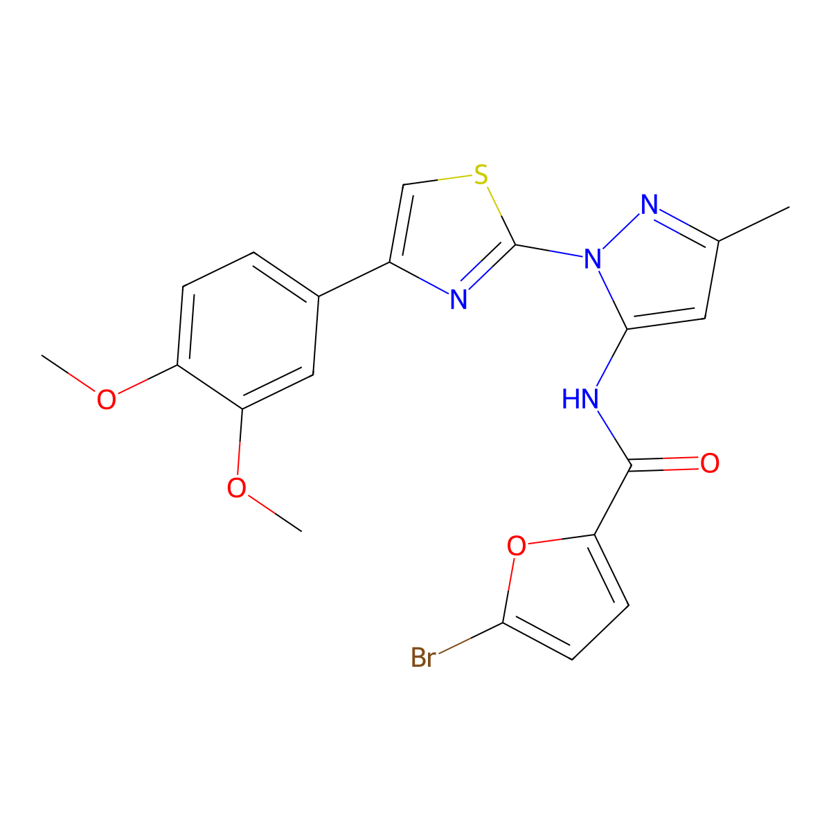 5-bromo-N-(1-(4-(3,4-dimethoxyphenyl)thiazol-2-yl)-3-methyl-1H-pyrazol-5-yl)furan-2-carboxamide molecular structure, CAS 1019096-57-1