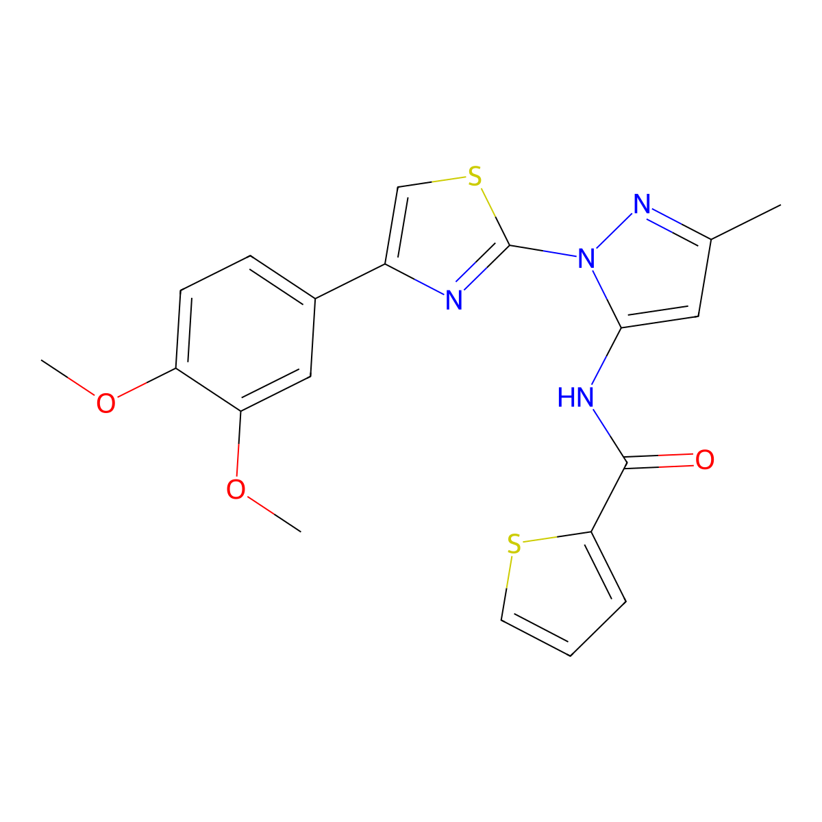 N-(1-(4-(3,4-dimethoxyphenyl)thiazol-2-yl)-3-methyl-1H-pyrazol-5-yl)thiophene-2-carboxamide molecular structure, CAS 1019096-59-3