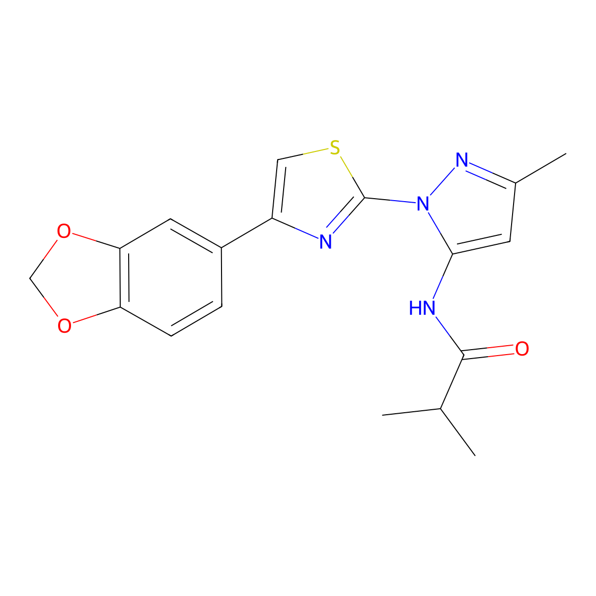 N-(1-(4-(benzo[d][1,3]dioxol-5-yl)thiazol-2-yl)-3-methyl-1H-pyrazol-5-yl)isobutyramide molecular structure, CAS 1019096-63-9