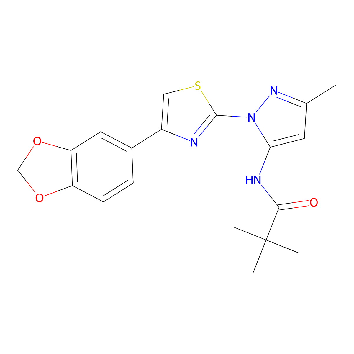 N-(1-(4-(benzo[d][1,3]dioxol-5-yl)thiazol-2-yl)-3-methyl-1H-pyrazol-5-yl)pivalamide molecular structure, CAS 1019096-65-1