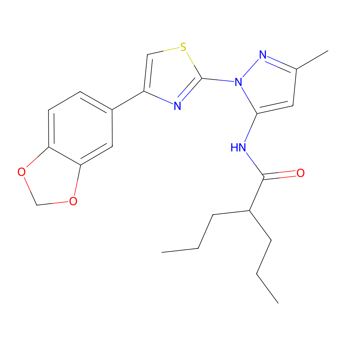 N-(1-(4-(benzo[d][1,3]dioxol-5-yl)thiazol-2-yl)-3-methyl-1H-pyrazol-5-yl)-2-propylpentanamide molecular structure, CAS 1019096-66-2