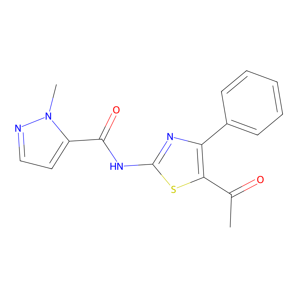 N-(5-acetyl-4-phenylthiazol-2-yl)-1-methyl-1H-pyrazole-5-carboxamide molecular structure, CAS 1019096-67-3