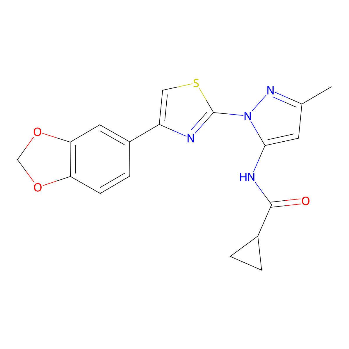 N-(1-(4-(benzo[d][1,3]dioxol-5-yl)thiazol-2-yl)-3-methyl-1H-pyrazol-5-yl)cyclopropanecarboxamide molecular structure, CAS 1019096-68-4