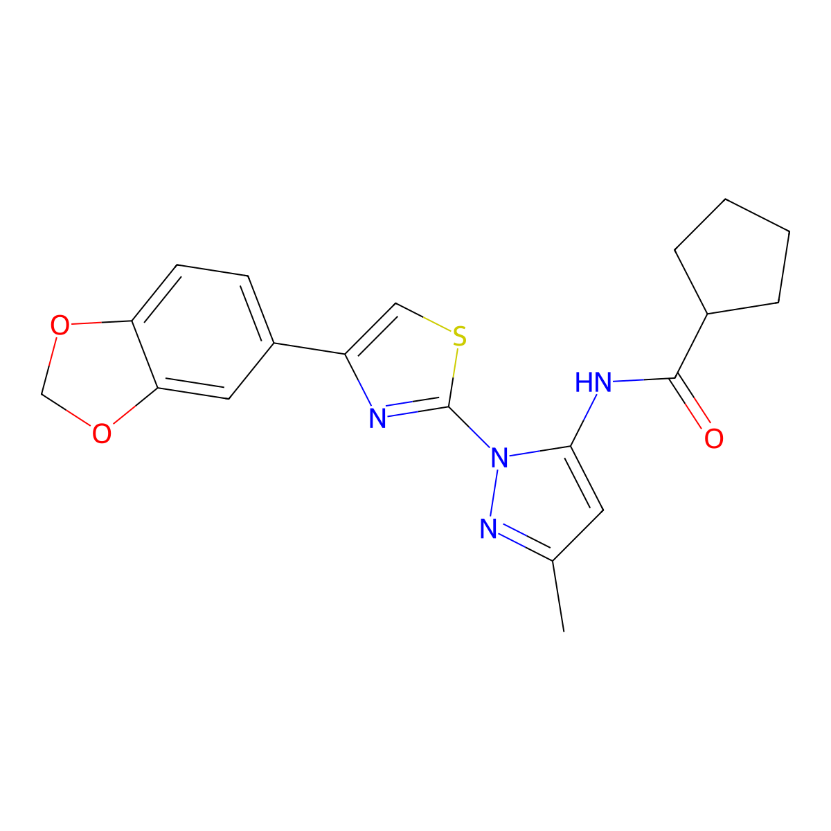 N-{1-[4-(2H-1,3-benzodioxol-5-yl)-1,3-thiazol-2-yl]-3-methyl-1H-pyrazol-5-yl}cyclopentanecarboxamide molecular structure, CAS 1019096-70-8