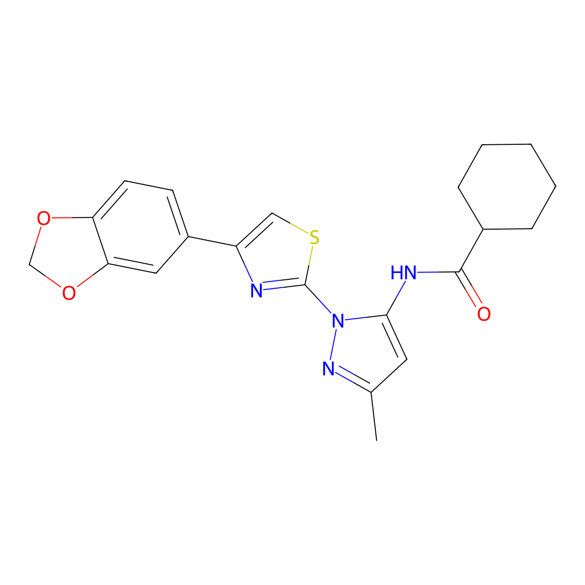 N-(1-(4-(benzo[d][1,3]dioxol-5-yl)thiazol-2-yl)-3-methyl-1H-pyrazol-5-yl)cyclohexanecarboxamide molecular structure, CAS 1019096-72-0