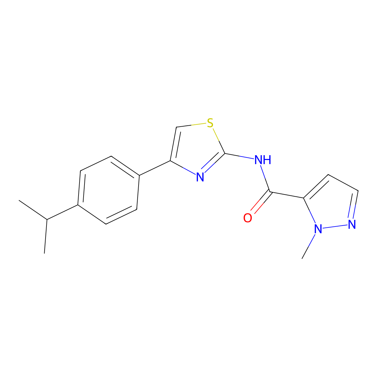 1-methyl-N-{4-[4-(propan-2-yl)phenyl]-1,3-thiazol-2-yl}-1H-pyrazole-5-carboxamide molecular structure, CAS 1019096-73-1